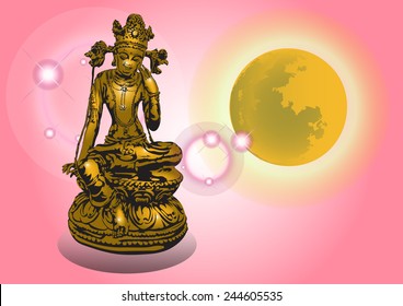 Asian goddess and moon vector on the background pink.