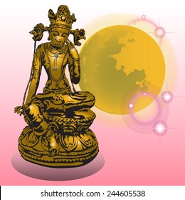 Asian goddess and moon vector on the background pink.
