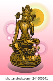 Asian goddess and moon vector on the background pink.