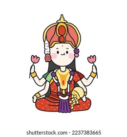 Asian god.Goddess Lakshmi sit poses in cute cartoon style hand drawn.The Hindu goddess of wealth.Religion.Kawaii.Vector.Illustration.