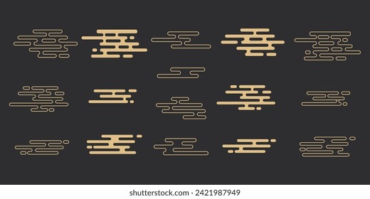 Asian gold cloud set, traditional abstract collection isolated on dark background. Chinese decoration for celebration.