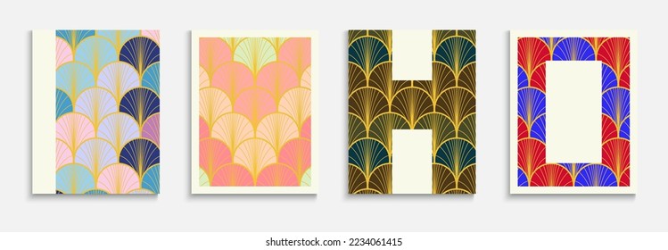 Asian Gold Fan Funky Cover Set. Chinese Ethnic Poster Set. Bright Color Retro A4 Frame. Music Dynamic Hipster Fabric Backgroud. Premium Geometric Texture. Halftone Stripes Folder.