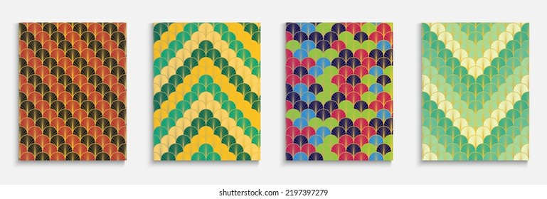 Asian Gold Fan Minimal Cover Set. Japanese Ethnic Cover Set. Music Dynamic Retro Fabric Backgroud. Bright Color Vintage A4 Pattern. Luxurious Halftone Frame. Kimono Stripes Layout.