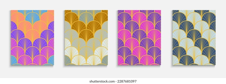 Asian Gold Fan Minimal Cover Set. Chinese Ancient Poster Set. Bright Color Ethnic A4 Design. Geometric Stripes Template. Funky Dynamic Soft Fabric Backgroud. Rich VIP Halftone Frame.