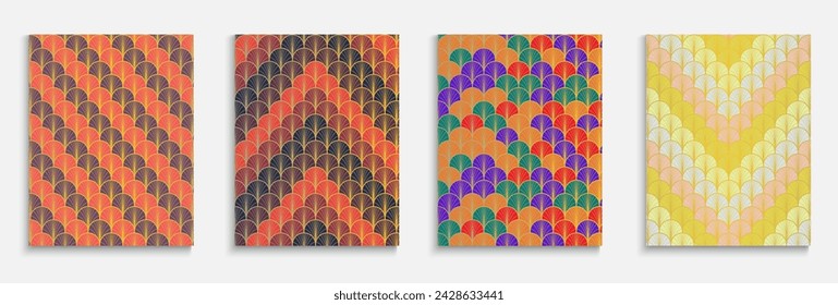 Asian Gold Fan Music Cover Set. Premium Halftone Design. Bright Color Ethnic A4 Print. Chinese Ancient Folder Set. Simple Dynamic Retro Fabric Backgroud. Geometric Stripes Layout.