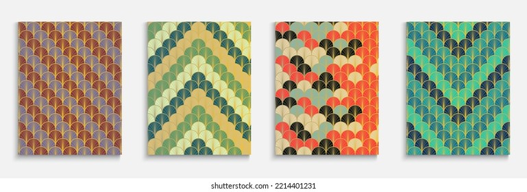 Asian Gold Fan Trendy Cover Set. Chinese Retro Poster Set. Elegant Geometric Design. Bright Color Ethnic A4 Print. Simple Dynamic Hipster Fabric Backgroud. Kimono Stripes Folder.