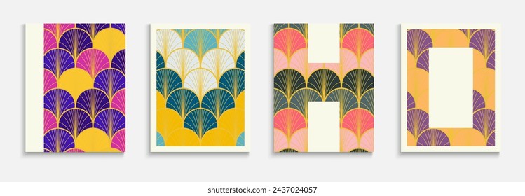 Asian Gold Fan Trendy Cover Set. Bright Color Ethnic A4 Design. Luxurious Geometric Print. Kimono Stripes Folder. Funky Dynamic Edgy Textile Backgroud. Japanese Vintage Template Set.