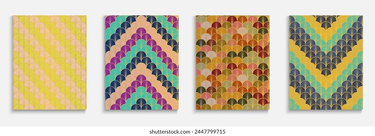 Asian Gold Fan Trendy Cover Set. Bright Color Vintage A4 Texture. Elegant Kimono Pattern. Japanese Ethnic Layout Set. Simple Dynamic Cool Fabric Backgroud. Halftone Stripes Cover.