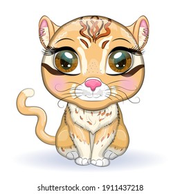 Asian golden cat with beautiful eyes in cartoon style, colorful illustration for children. Asian golden cat with characteristic spots and colors