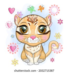 Asian golden cat with beautiful eyes in cartoon style, colorful illustration for children. Asian golden cat with characteristic spots and colors