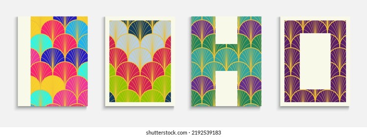 Asian Golden Fan Funky Cover Set. Simple Dynamic Glam Textile Backgroud. Japanese Ethnic Cover Set. Bright Color Ancient A4 Pattern. Geometric Stripes Layout. Luxurious Halftone Design.