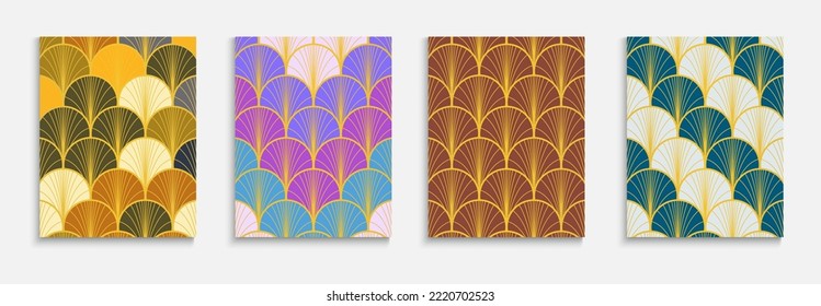 Asian Golden Fan Funky Cover Set. Kimono Stripes Layout. Luxurious Geometric Design. Chinese Retro Template Set. Bright Color Vintage A4 Print. Trendy Dynamic Noble Fabric Backgroud.