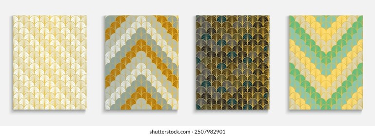 Asian Golden Fan Funky Cover Set. Minimal Dynamic Edgy Textile Backgroud. Bright Color Ethnic A4 Frame. Japanese Retro Cover Set. Kimono Stripes Template. Elegant Halftone Design.