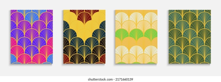 Asian Golden Fan Music Cover Set. Kimono Stripes Cover. Trendy Dynamic Retro Fabric Backgroud. Bright Color Ethnic A4 Texture. Chinese Vintage Folder Set. Rich VIP Halftone Frame.