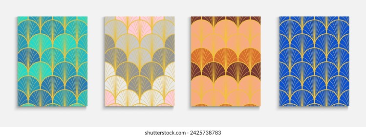 Asian Golden Fan Trendy Cover Set. Chinese Ethnic Folder Set. Traditional Halftone Pattern. Geometric Stripes Cover. Bright Color Ancient A4 Design. Funky Dynamic Soft Fabric Backgroud.