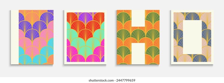 Asian Golden Fan Trendy Cover Set. Luxurious Halftone Pattern. Bright Color Ethnic A4 Texture. Music Dynamic Geo Textile Backgroud. Chinese Vintage Layout Set. Kimono Stripes Poster.