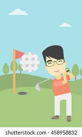 Ein asiatischer Golfer, dessen Bart den Ball trifft. Professioneller Golfspieler auf dem Golfplatz. Der junge Mann, der Golf spielt. Vektorflache Design-Illustration. Vertikales Layout.