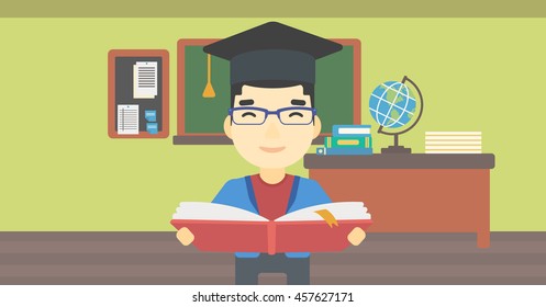An asian graduate in graduation cap with an open book in hands. Young man reading book on the background of classroom. Vector flat design illustration. Horizontal layout.