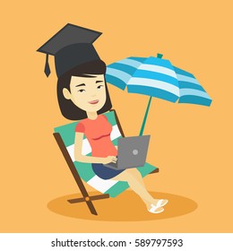 Asian graduate lying in chaise longue. Graduate in graduation cap working on laptop. Graduate studying on a beach. Concept of online education. Vector flat design illustration. Square layout.