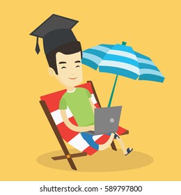 Asian graduate lying in chaise longue. Graduate in graduation cap working on laptop. Graduate studying on a beach. Concept of online education. Vector flat design illustration. Square layout.