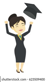 Asian graduate throwing up hat. Excited graduate in cloak and graduation hat. Cheerful graduate with hands raised celebrating graduation. Vector flat design illustration isolated on white background.