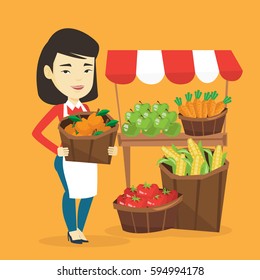 Caucasian Greengrocer Standing Near Stall Fruits Stock Vector (Royalty ...