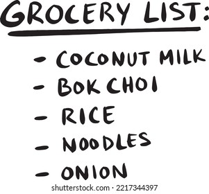 Asian Grocery List handwritten in English. Korean cooking, asian recipe list, buying groceries for oriental flavored cuisine. Short hand written Asian American or fusion food shopping list.