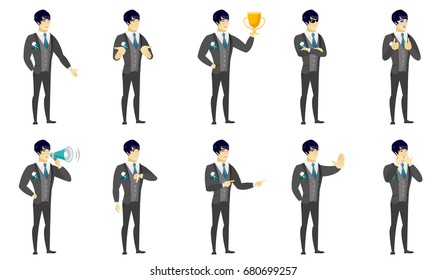 Asian groom holding a golden trophy. Full length of young bridegroom with a trophy. Happy bridegroom celebrating with a trophy. Set of vector flat design illustrations isolated on white background.