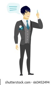 Asian groom with a speech bubble. Full length of young happy groom giving a speech. Goom with a speech bubble coming out of his head. Vector flat design illustration isolated on white background.