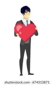 Asian groom in a wedding suit showing a big red heart. Full length of young groom with heart shape. Happy groom holding a red heart. Vector flat design illustration isolated on white background