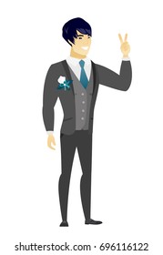 Asian groom in a wedding suit showing the victory gesture. Groom showing the victory sign with two fingers. Groom with victory gesture. Vector flat design illustration isolated on white background