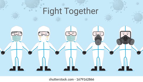 asian group of doctor wear surgical mask medical full body virus protect hand in hand human wall fight together for protect covid19 corona virus cartoon style protection concept