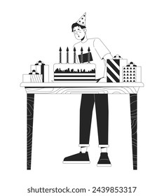 Asian guy blowing birthday candles black and white 2D line cartoon character. Man making wish on holiday isolated vector outline person. Festive party celebration monochromatic flat spot illustration