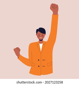 Asian guy in a business suit stands in the winner's pose. A confident businessman. Colorful flat vector illustration on isolated background. Eps 10.