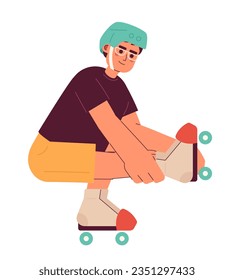 Asian guy doing tricks on roller skate semi flat color vector character. Editable full body man in helmet squat down roller skating on white. Simple cartoon spot illustration for web graphic design