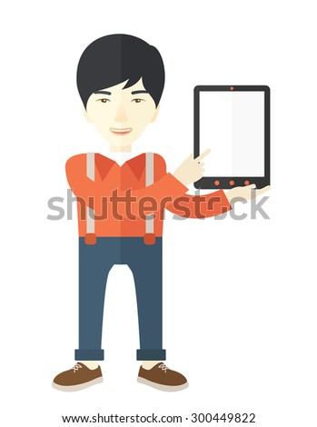 An asian guy holding a digital tablet use for his business. A Contemporary style. Vector flat design illustration isolated white background. Vertical layout