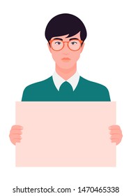 An Asian guy is holding a poster. Young man in glasses holds a broadsheet. A student is protesting. Vector flat illustration