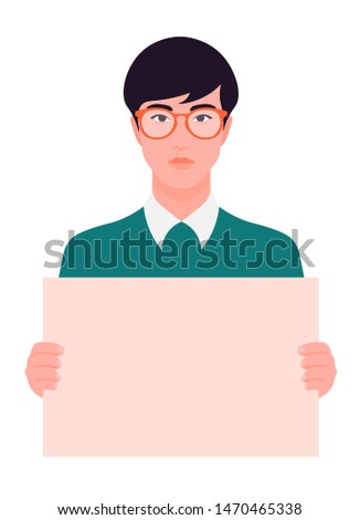An Asian guy is holding a poster. Young man in glasses holds a broadsheet. A student is protesting. Vector flat illustration