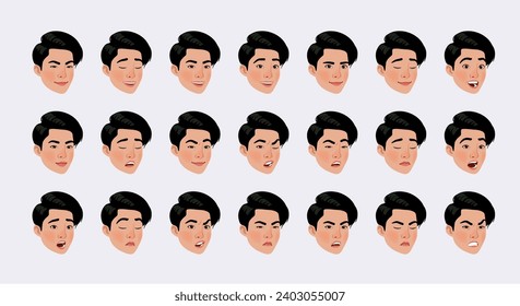 Asian guy, korean man bundle, black hair emote set. Brunette handsome male head, emotional facial expressions. Different face icons, positive, negative emotion pic. Vector cartoon on white background