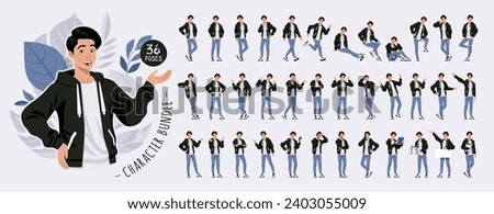 Asian guy, korean man in cute hoodie, blue jeans male character set. Casual outfit fashion beauty industry cool idol poses, good-looking K-pop boy bundle, korea masculinity style kit. Vector cartoon