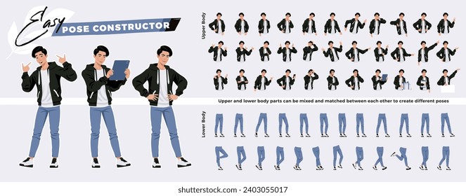 Asian guy, korean man, hoodie, jeans character easy pose constructor. Fashion industry male idol, good-looking K-pop model drag drop set, body match figure building. Vector cartoon construction kit