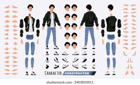 Asiatischer Typ, koreanischer Mann, männlicher Charakter DIY Konstruktor. Guter K-Pop-Junge in süßem Hoodie, Jeans lockeres Outfit. Kopf, Bein, Handgesten, verschiedene Gesichtsgefühle. Vectorcartoon-Baukasten