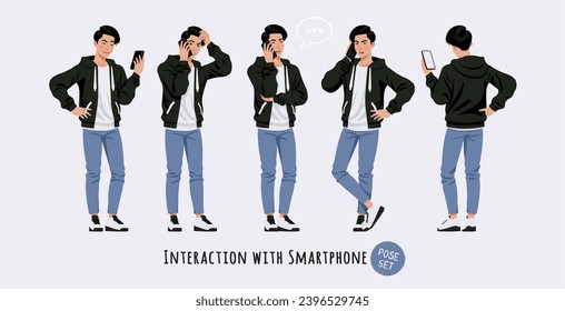 Hombre asiático, hombre estrecho de corea, hombre de ojos estrecho, inteligente interacción social pose set. Cute hoodie, jeans ropa informal. Idol masculino de la industria de la moda, chico kpop apuesto. Ilustración de carácter de dibujos animados