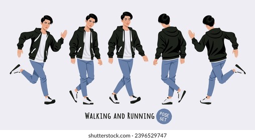 Asian guy, korean narrow eye slim man running, walking pose set. Wearing cute hoodie, jeans casual outfit. Fashion beauty industry male idol, good-looking K-pop boy. Cartoon character illustration