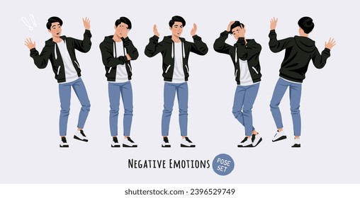 Asian guy, korean narrow eye slim man negative emotions pose set. Wearing cute hoodie, jeans casual outfit. Fashion beauty industry male idol, good-looking K-pop boy. Cartoon character illustration