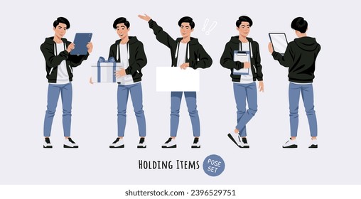 Hombre asiático, hombre estrecho de ojos corean que sostiene diferentes objetos posan. Cute hoodie, jeans ropa informal. Idol masculino de la industria de la moda, chico kpop apuesto. Ilustración de carácter de dibujos animados