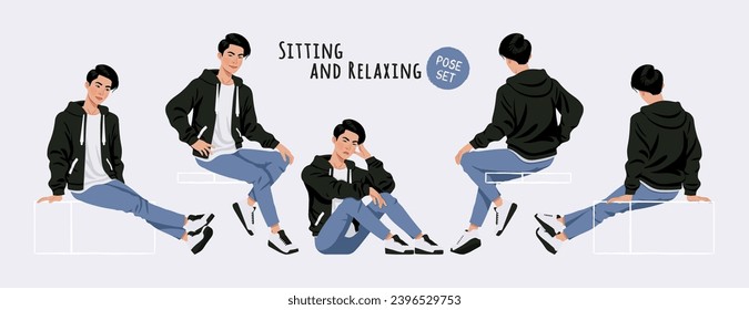 Asian guy, korean narrow eye slim man relax, sitting pose set. Wearing cute hoodie, jeans casual outfit. Fashion beauty industry male idol, good-looking K-pop boy. Cartoon character illustration