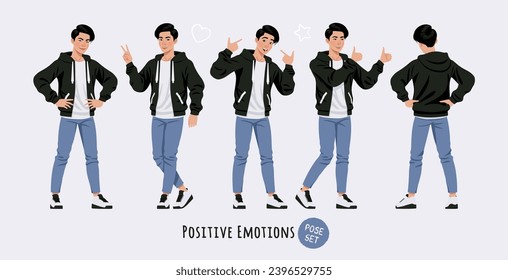 Asian guy, korean narrow eye slim man positive emotions pose set. Wearing cute hoodie, jeans casual outfit. Fashion beauty industry male idol, good-looking K-pop boy. Cartoon character illustration