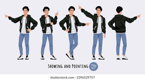 Asian guy, korean narrow eye slim man finger point, show pose set. Wearing cute hoodie, jeans casual outfit. Fashion beauty industry male idol, good-looking K-pop boy. Cartoon character illustration