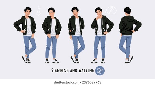 Asian guy, korean narrow eye slim man standing, waiting pose set. Wearing cute hoodie, jeans casual outfit. Fashion beauty industry male idol, good-looking K-pop boy. Cartoon character illustration